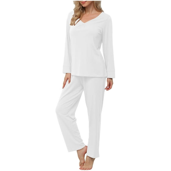 SHTXOZHI 2 Piece Pajama Sets for Women Long Sleeve V Neck Tops Wide Leg Pant Lounge Outfits
