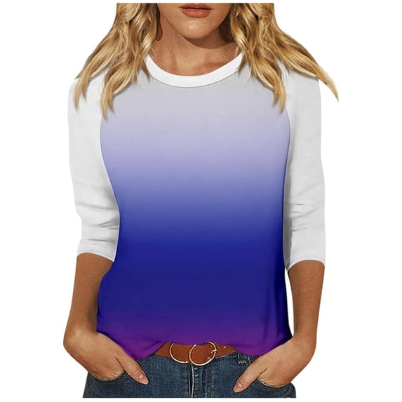 SHTXOZHI 3/4 Sleeve Tee Shirt for Women 2024 Summer Trendy Shirts Crewneck Gradient Color Casual Tops