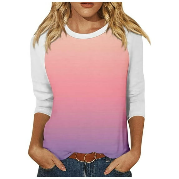 SHTXOZHI 3/4 Sleeve Tee Shirt for Women Summer Trendy Shirts Crewneck Gradient Color Casual Tops