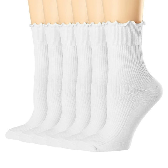 SHTXOZHI 6 Pairs Crew Socks for Women Ruffle Cotton Frilly Comfort Socks Cute Knit Ankle Dress Socks