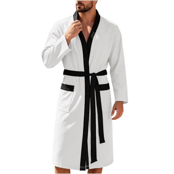 SHTXOZHI Adjustable Tie Belt Bathrobe for Men Color Blocked Robe Long Sleeve V-Neck Sleepwear Loose Long Pajama