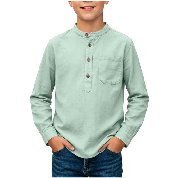 SHTXOZHI Boys Half Button Down Shirts Long Sleeve Crew Neck School Uniform Tops Solid Color Casual Tee Shirts