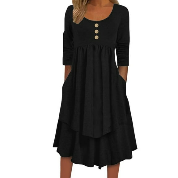 SHTXOZHI Casual Dresses for Women Fall Long Sleeve Crewneck A-Line Ruffle Midi Dress with Pockets