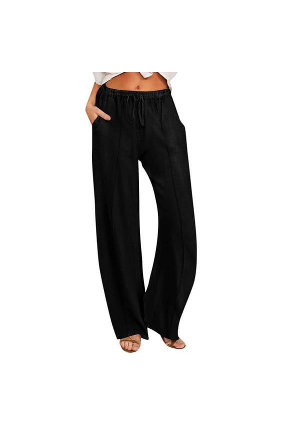 Casual Pants for Women Elastic Waisted Wide Leg Knit Pants Drawstring Trouser with Pockets