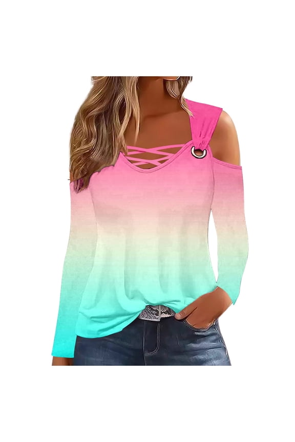 Cold Shoulder Tops for Women Long Sleeve V Neck Fall Blouses Criss Cross Trendy Shirts