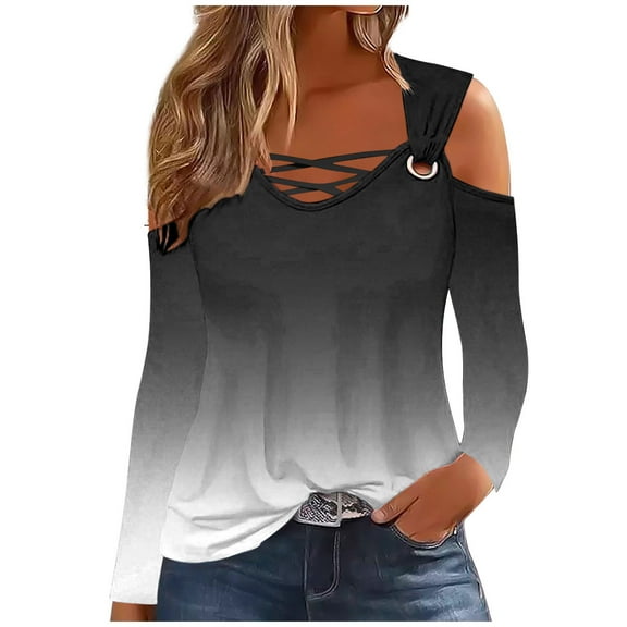 SHTXOZHI Cold Shoulder Tops for Women Long Sleeve V Neck Fall Blouses Criss Cross Trendy Shirts