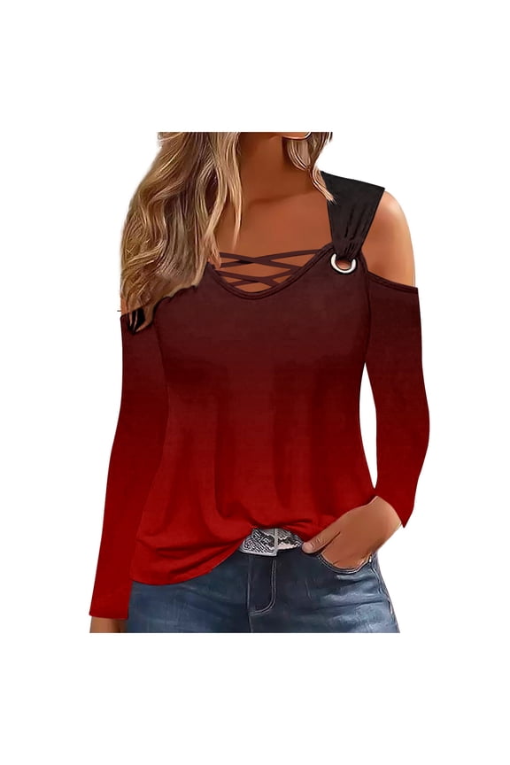 Cold Shoulder Tops for Women Long Sleeve V Neck Fall Blouses Criss Cross Trendy Shirts