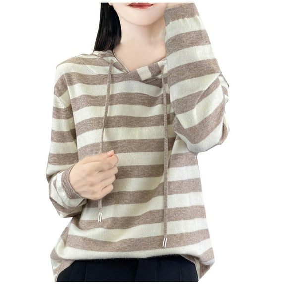 SHTXOZHI Color Block Sweaters for Women Striped Long Sleeve Hooded Knit Pullover Tops Fall Winter