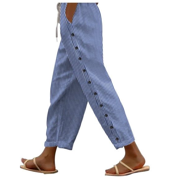 SHTXOZHI Cotton Linen Pants for Women Striped Elastic Waist Pants Drawstring Casual Trousers with Pockets