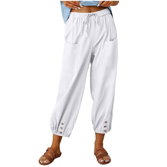 SHTXOZHI Cotton Linen Pants for Women Wide Leg Casual Trousers Elastic Waist Drawstring Wide Leg Pants