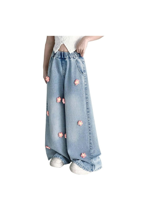 Denim Jeans for Kids Wide Leg Elastic Waisted Pants Girls Streetwear Trousers 5-15Y
