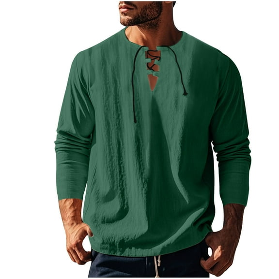SHTXOZHI Fall Tee Shirts for Men Long Sleeve Lace-Up Pullover Shirts Solid Color Casual Tops