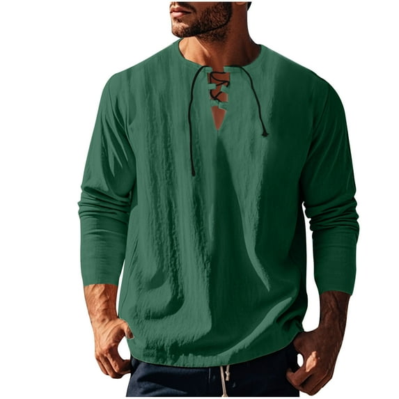 SHTXOZHI Fall Tee Shirts for Men Long Sleeve Lace-Up Pullover Shirts Solid Color Casual Tops