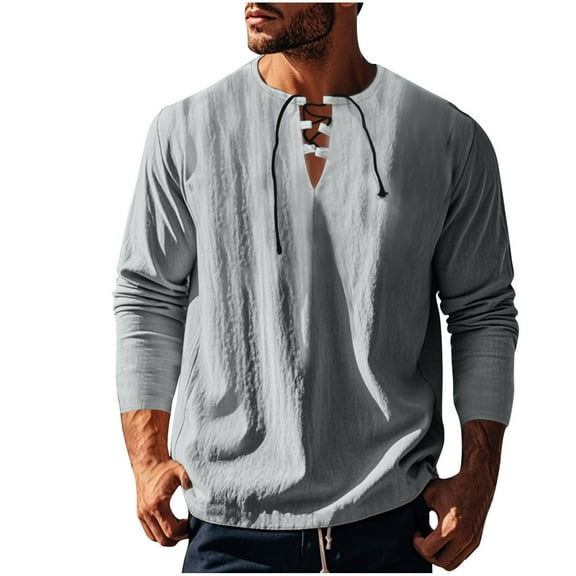 SHTXOZHI Fall Tee Shirts for Men Long Sleeve Lace-Up Pullover Shirts Solid Color Casual Tops