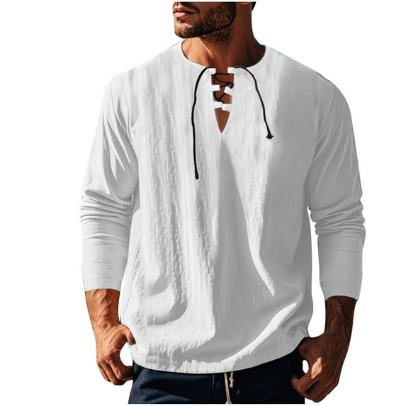SHTXOZHI Fall Tee Shirts for Men Long Sleeve Lace-Up Pullover Shirts Solid Color Casual Tops
