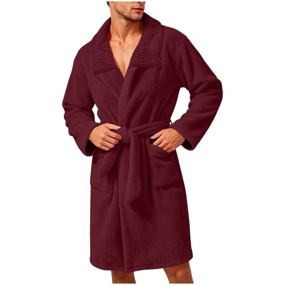 SHTXOZHI Fleece Bathrobes for Men Long Sleeve Warm Robes Winter Tie Belt Solid Color Sleepwear Layering Homewear