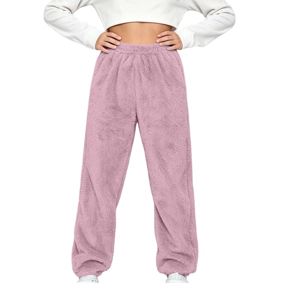 SHTXOZHI Fleece Joggers for Girls Elastic Waist Soft Pants Solid Color Warm Loungewear Winter Homewear Bottoms
