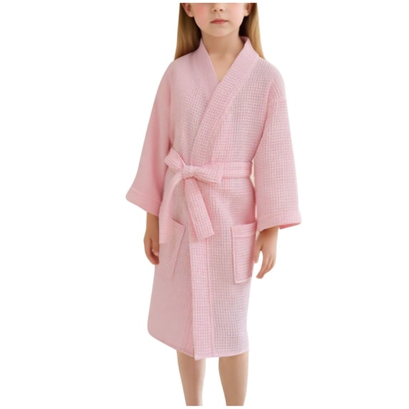 SHTXOZHI Girl's Solid Color Bathrobes Long Sleeve Long Robes Adjustable Belt Sleepwear V-Neck Homewear with Pockets