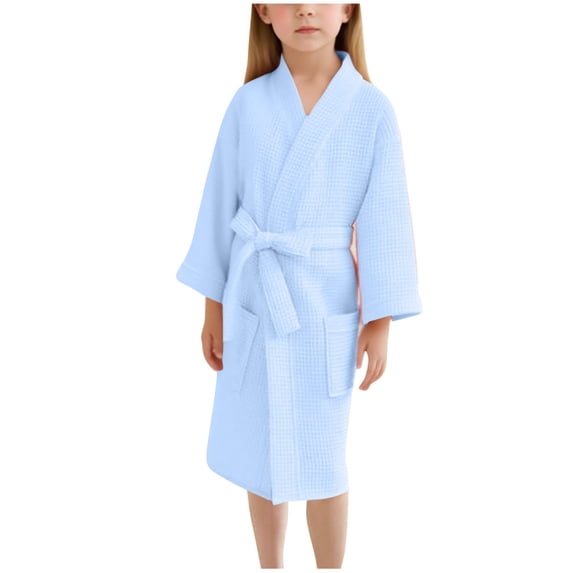 SHTXOZHI Girl's Solid Color Bathrobes Long Sleeve Long Robes Adjustable Belt Sleepwear V-Neck Homewear with Pockets