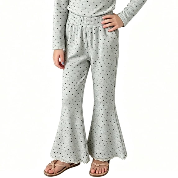 SHTXOZHI Girl's Stretchy Casual Pants High Waist Cute Print Flared Pants Lace Trim Vacation Party Soft Bottoms