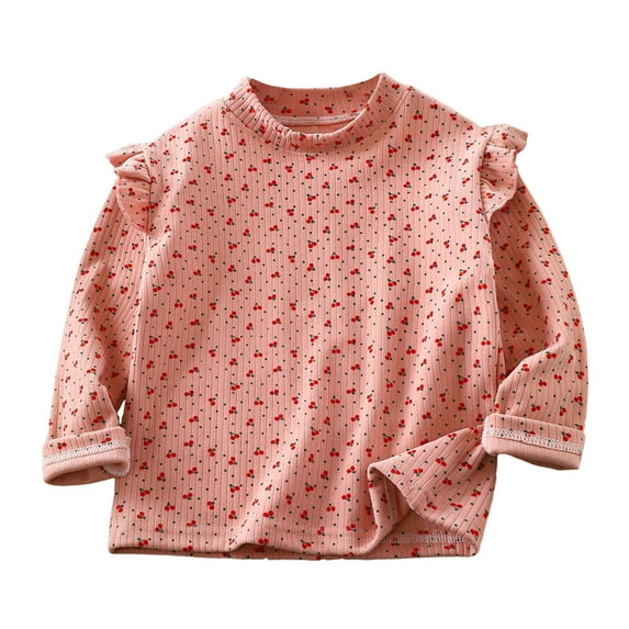 SHTXOZHI Girls Long Sleeve Ruffle Cute Shirts Kids Printed Crewneck Fall Casual Blouses Tops
