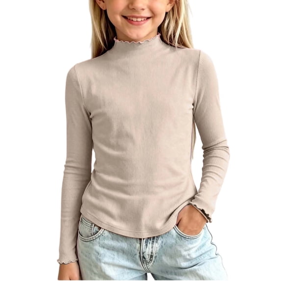 SHTXOZHI Girls Mock Neck Tops Long Sleeve Base Layer Undershirts Ruffle Trim Casual Fall Winter Outdoor Tee Shirts