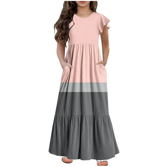 SHTXOZHI Girls Ruffle Sleeve A-Line Dress Kids Crewneck Casual Beach Tiered Dress with Pockets