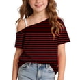 thumbnail image 1 of SHTXOZHI Girls Striped Cold Shoulder Tops Short Sleeve Casual T-Shirts Party Birthday Blouses with Spaghetti Strap, 1 of 9