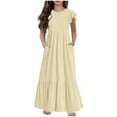 thumbnail image 1 of SHTXOZHI Girls Summer Short Sleeve Dress Crewneck Casual A-Line Tiered Maxi Dress with Pockets, 1 of 6