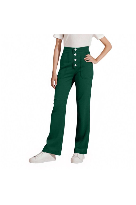 Girls Wide Leg Uniform Pants Kids Elastic High Waist Dress Pants with Pockets 4-15 Years