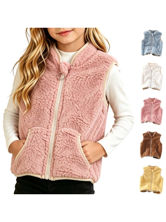 Girls Zip Up Jackets Sleeveless Fleece Fall Winter Warm Outerwear Crew Neck School Uniform Casual Tops with Pockets