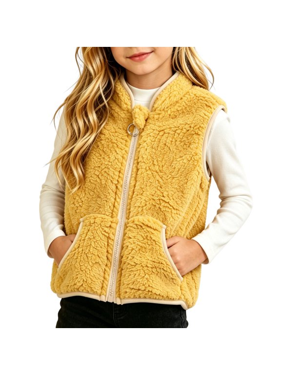 Girls Zip Up Jackets Sleeveless Fleece Fall Winter Warm Outerwear Crew Neck School Uniform Casual Tops with Pockets