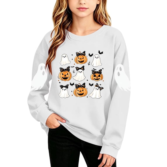 SHTXOZHI Halloween Long Sleeve Sweatshirt for Girls Crew Neck Cute Graphic Tops Outdoor Casual Party Shirts