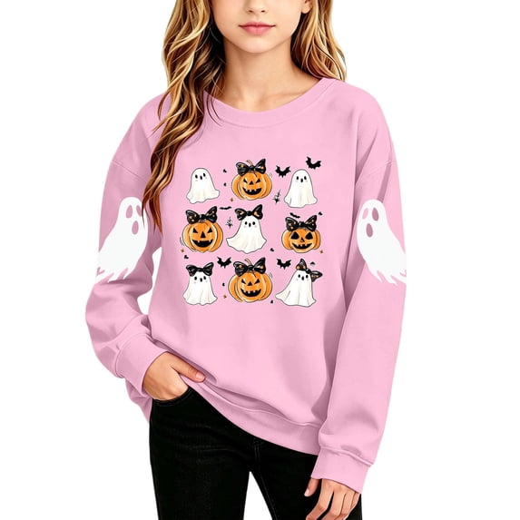 SHTXOZHI Halloween Long Sleeve Sweatshirt for Girls Crew Neck Cute Graphic Tops Outdoor Casual Party Shirts