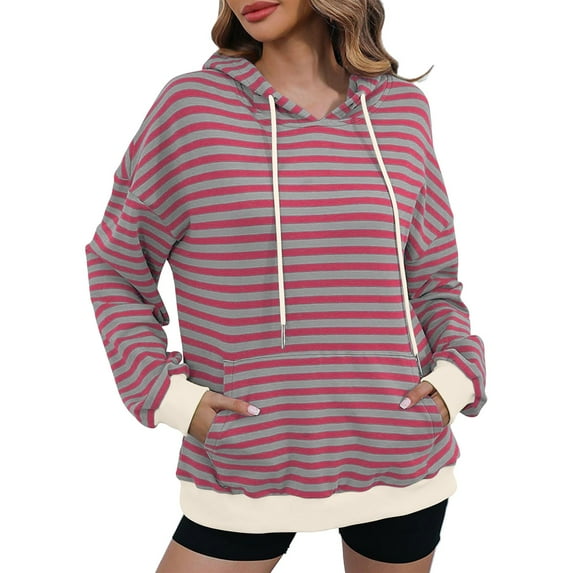 SHTXOZHI Hoodies for Women Long Sleeve Striped Sweatshirts Drawstring Pullover Tops with Pockets