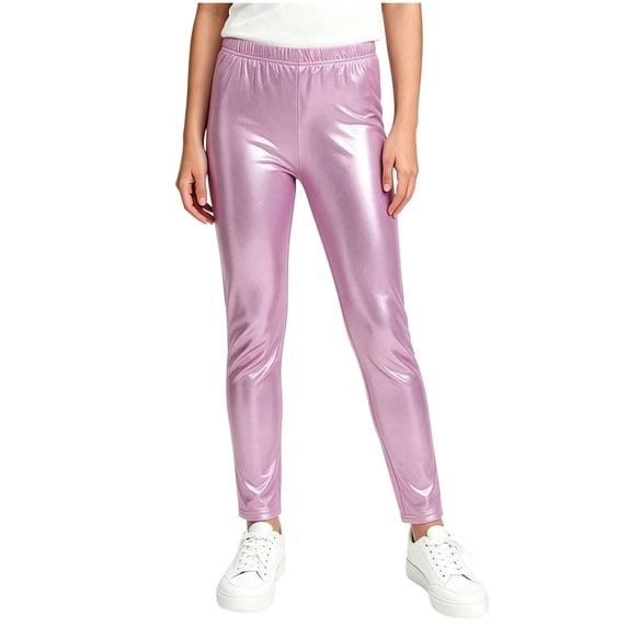 SHTXOZHI Kids Girl's Leggings Elastic Waist Shiny Pants Sparkly Dance Performance Wear Solid Color Yoga Pants