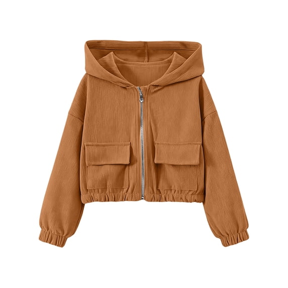SHTXOZHI Kids Girls Corduroy Cropped Jacket Zip Up Hoodies Long Sleeve Tops Fall Winter Warm Casual Coats with Pockets