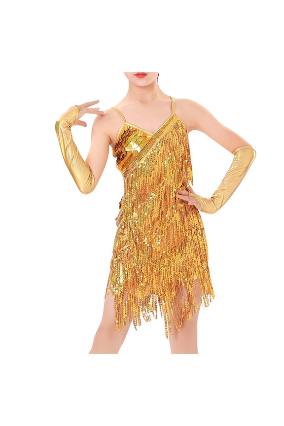 Kids Girls Sequin Fringe Dress Sparkly Tassel Sleeveless Dance Dress with Arm Sleeves