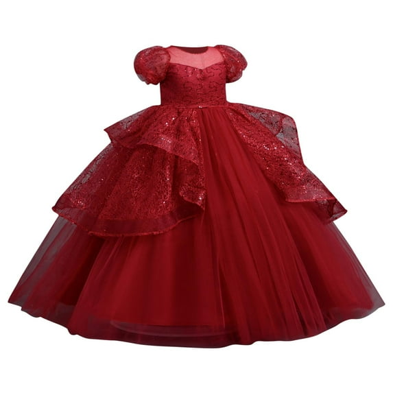 SHTXOZHI Kids Girls Sequin Party Princess Dress Puff Sleeve Ruffle Tulle Dress A-Line Birthday Gown