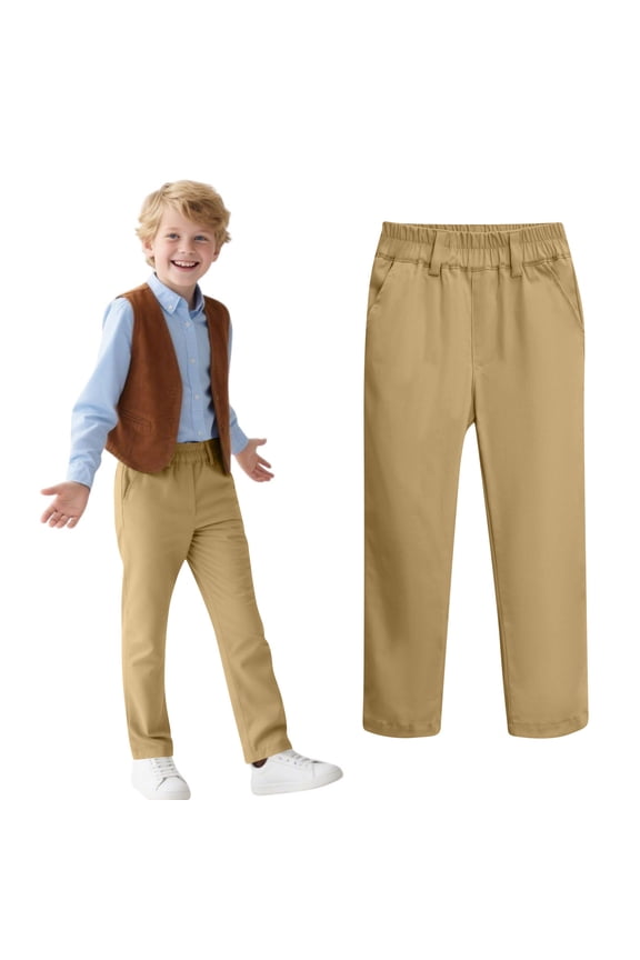 Kids School Uniform Pants Boys Girls Elastic Waist Pull On Trousers for 5-14Years