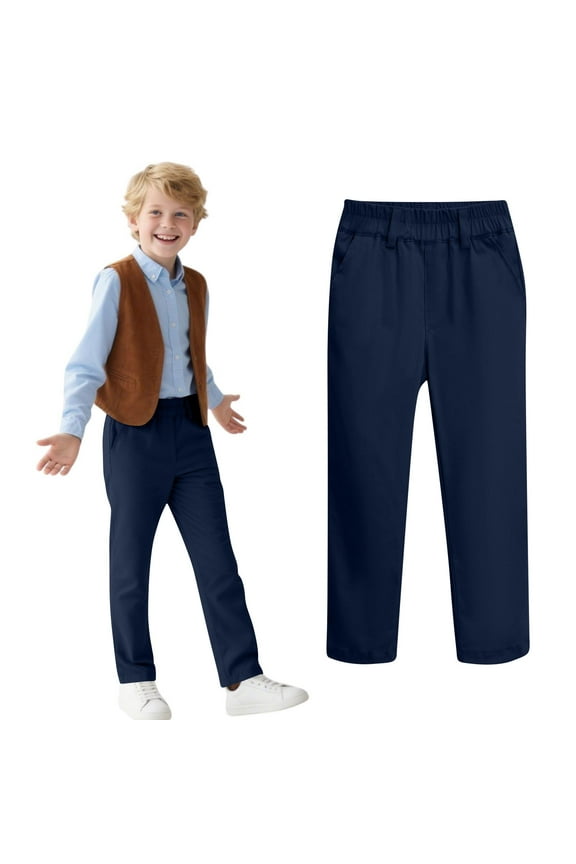 Kids School Uniform Pants Boys Girls Elastic Waist Pull On Trousers for 5-14Years