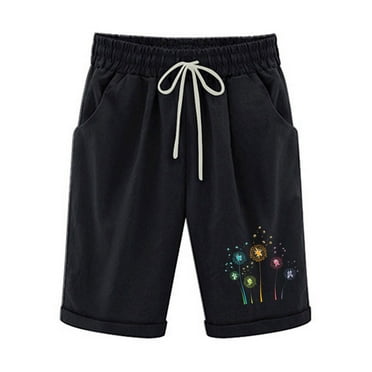 SHTXOZHI Knee Length Shorts for Women Wide Leg Print Shorts Elastic Waist Drawstring Shorts with Pockets