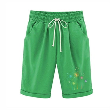 SHTXOZHI Knee Length Shorts for Women Wide Leg Print Shorts Elastic Waist Drawstring Shorts with Pockets