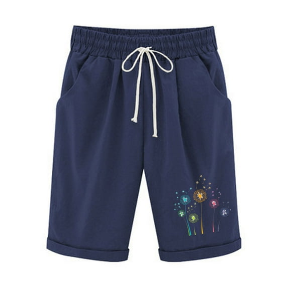 SHTXOZHI Knee Length Shorts for Women Wide Leg Print Shorts Elastic Waist Drawstring Shorts with Pockets