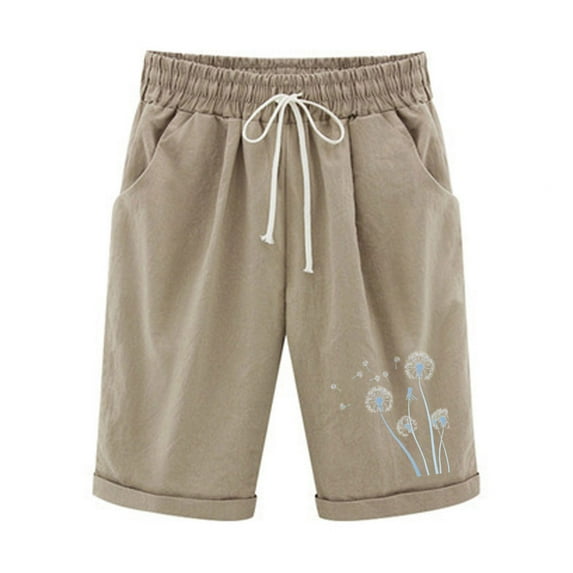 SHTXOZHI Knee Length Shorts for Women Wide Leg Print Shorts Elastic Waist Drawstring Shorts with Pockets