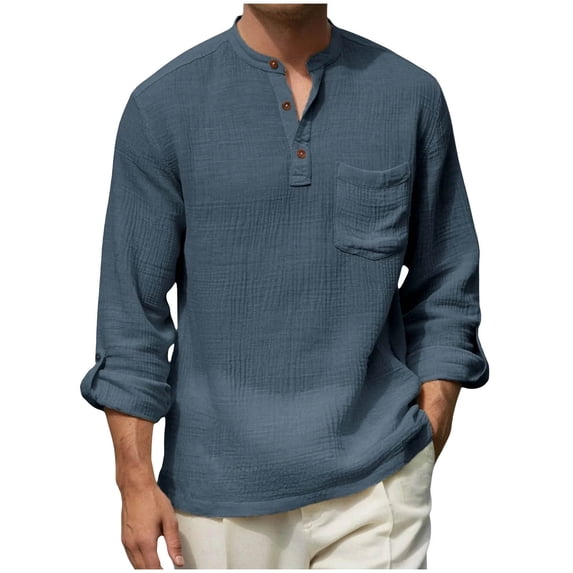 SHTXOZHI Linen Sport Tops for Men Adjustable Long Sleeve Henley Neck Tees Solid Color Breathable Workout T-Shirts