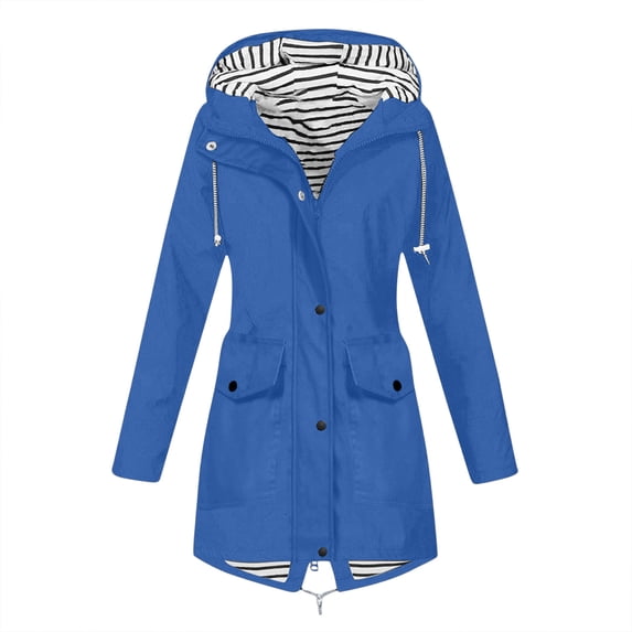 SHTXOZHI Long Jacket for Women Fall Drawstring Button Up Coat Casual Outdoor Striped Hooded Zipper Top with Pockets