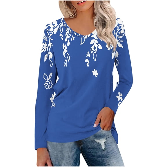 SHTXOZHI Long Sleeve Shirts for Women V Neck Printed Casual Blouses Fall Trendy Tops