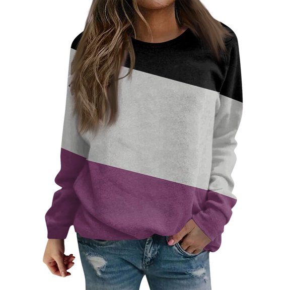 SHTXOZHI Long Sleeve T-Shirts for Women Color Block Fashion Tees Fall Casual Crewneck Tops