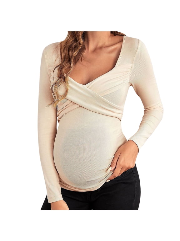 Maternity Long sleeve Shirt V Neck Breastfeeding Tops Solid Color Fashion Nuring Blouses